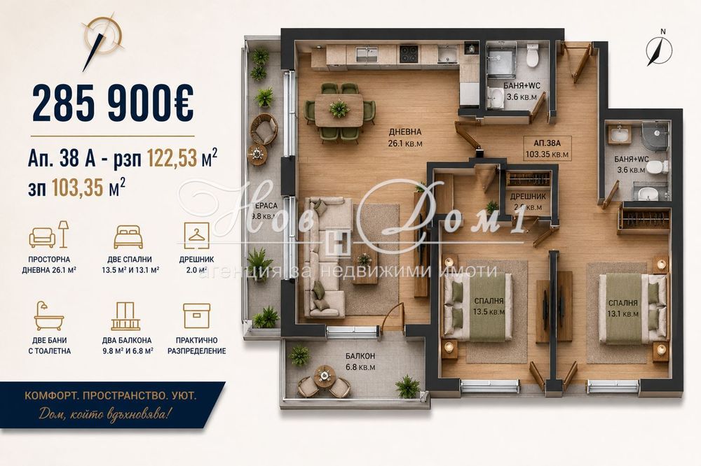 АКТ 16! Само 2 333 €/м² с ДДС! До Метро! 2 Бани! 2 Балкона!