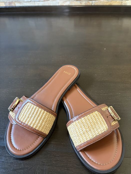 Sandale slapi Mango rafie cu piele camel maro marimea 39