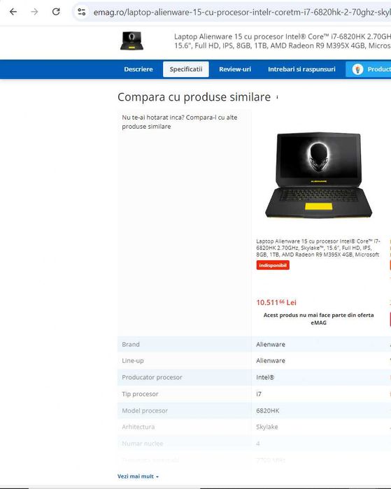 Laptop performant ALIENWARE , intel core i7- ,ram 16 gb, video 6 gb nvidia ,  gaming, grafica, editare foto-video, etc