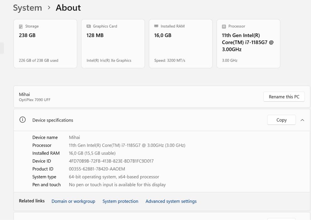 Dell Optplex 7090 UFF - i7 11th Gen, 16 GB Ram, 256 GB - ca nou