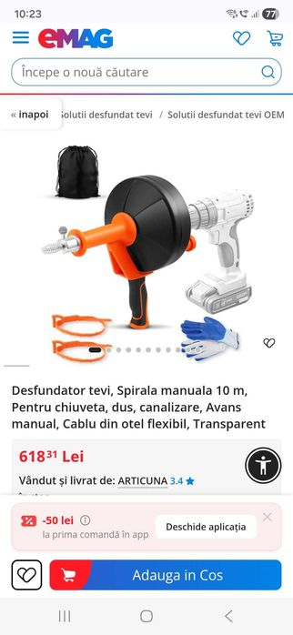 Desfundator tevi, Spirala manuala 10 m, Pentru chiuveta, dus, canalizare