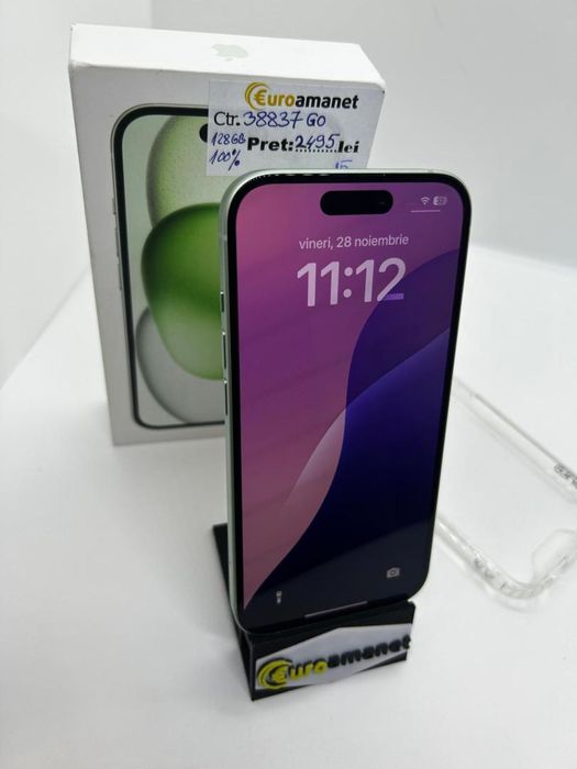 Telefon Apple iPhone 15, 128GB, 5G, Green B.100% -D-
