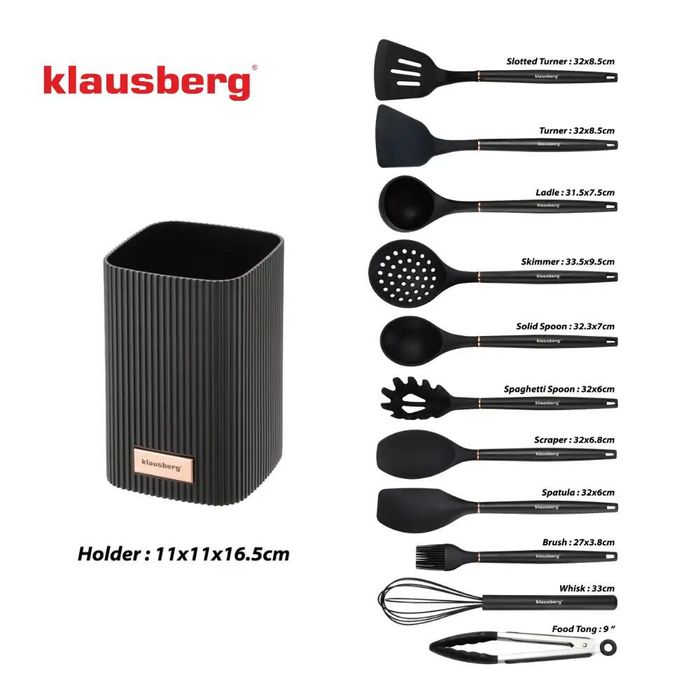 Set ustensile de bucatarie, 12 piese din silicon negru, Klausberg