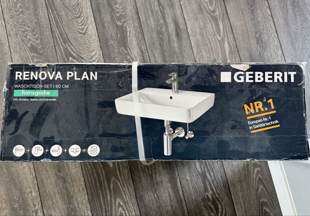 Нов комплект Geberit Renova Plan 60 см + Hansgrohe смесител