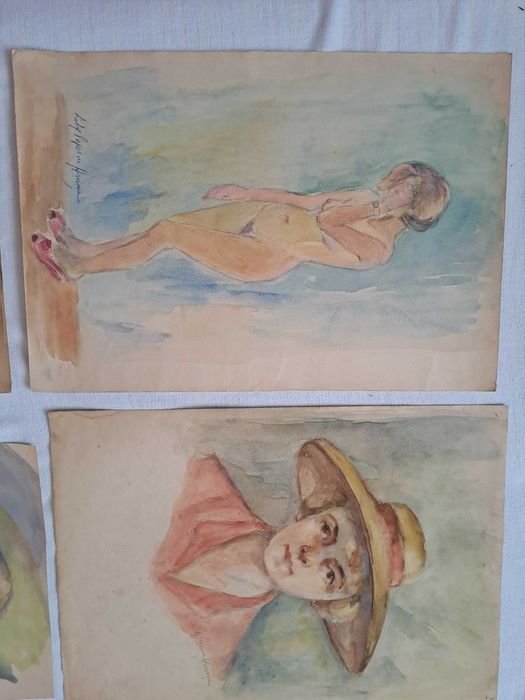 tablou vechi desen in acuarela 49/34 cm semnat