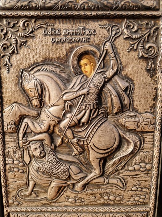 Прекрасна английска сребърна икона Свети Димитър