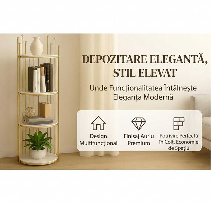 Masuta decorativa etajera rotunda cu 4 niveluri cadru metal auriu 32x32x95cm Living Dormitor Birou