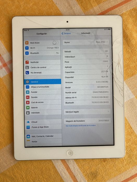 Ipad 2 alb . Memorie 32gb . Baterie 85%