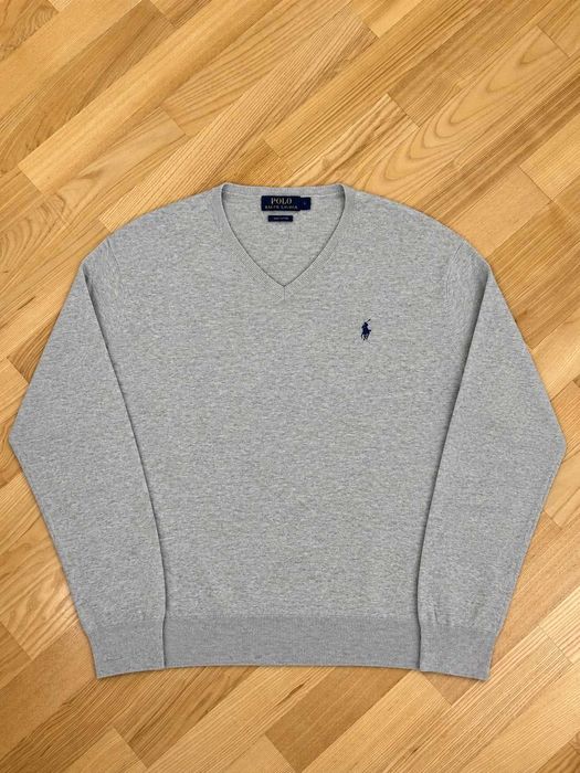 Pulover Polo Ralph Lauren bărbați din bumbac Pima, gri deschis, decolteu în V, Mărimea L