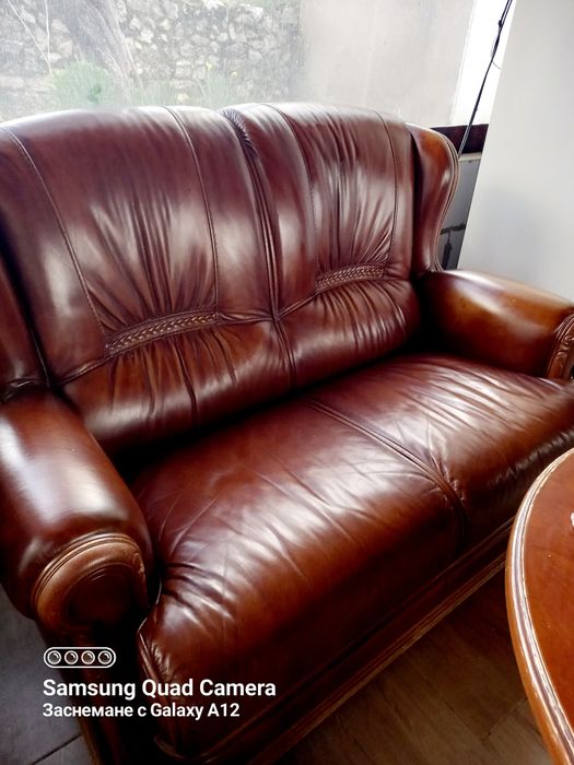 Масивен комплект,естествена кожа-Диван 3-ка +2-ка