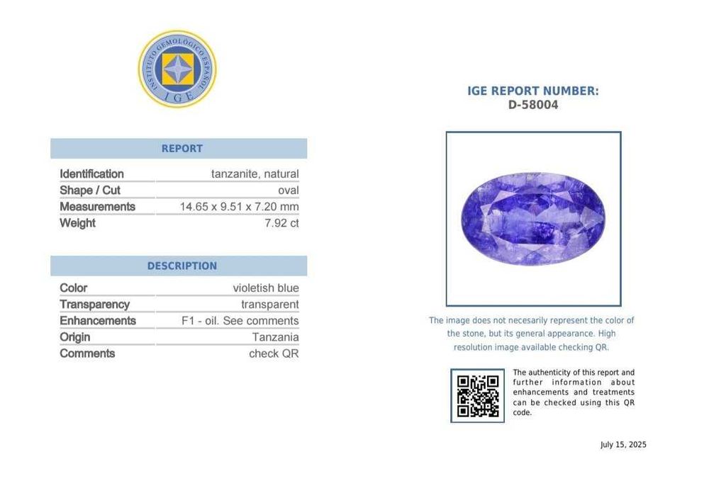 Tanzanit natural 7,92 ct  certificat IGE Spania piatră rară