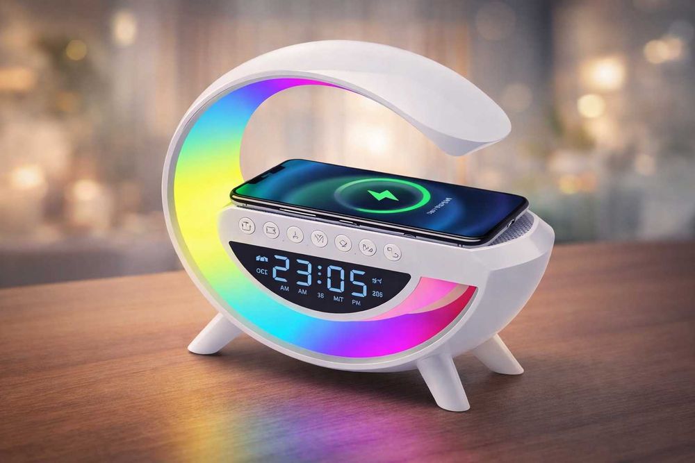 Lampă de birou LED RGB cu ceas digital, încărcare wireless