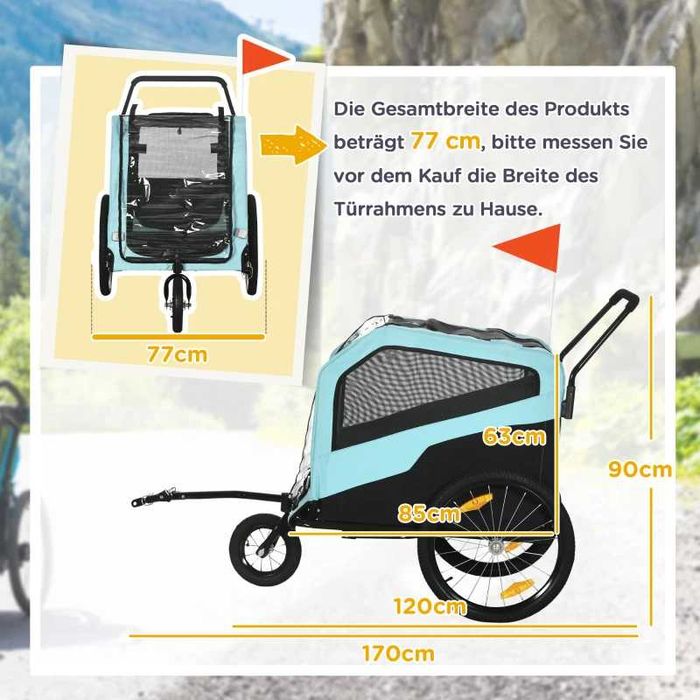 PawHut 2-в-1 Ремарке за кучета Количка, Велосипедно ремарке до 30 кг