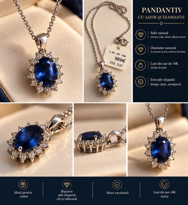 Pandantiv aur 18k, diamante si safir