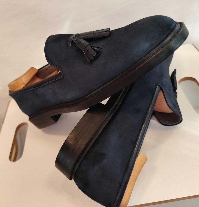 Pantofi loafer de lux 43.5 44 lucrati manual Yanko 38 NOI piele naturala albastru