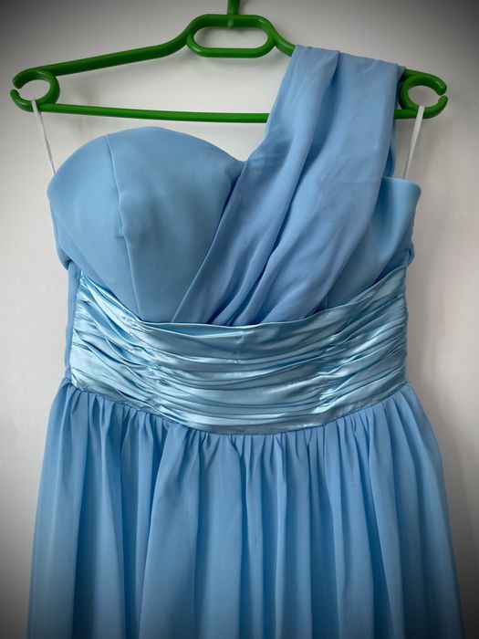 Официална синя рокля за бал, сватба, юбилей от шифон и сатен