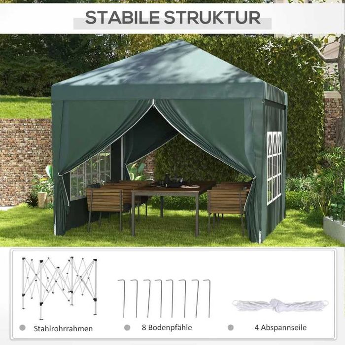 Слънчева шатра 3 x 3м с 4 странични стени, прозорец, шатра с UV защита