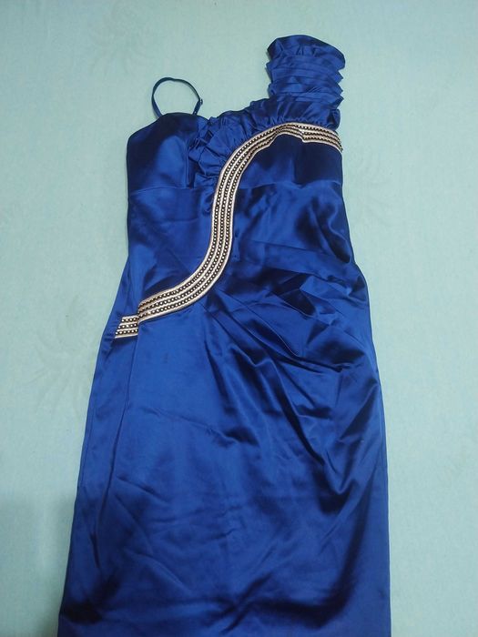 Rochie Elegantă de Ocazie Albastru Regal – Asimetrică pe un Umăr, Satin cu Pietre Strălucitoare, Mărimea 38