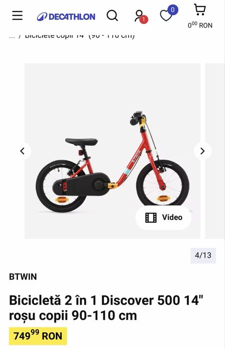 Bicicleta 2 in 1 Discover 500 14” B-Twin Dechatlon rosie