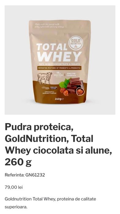 GoldNutrition pudra proteica Total Whey ciocolata si alune
