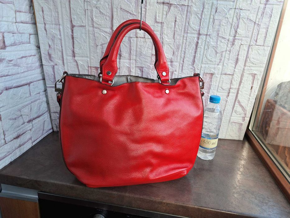 дамска чанта Pierre Cardin,голяма червена-естествена кожа