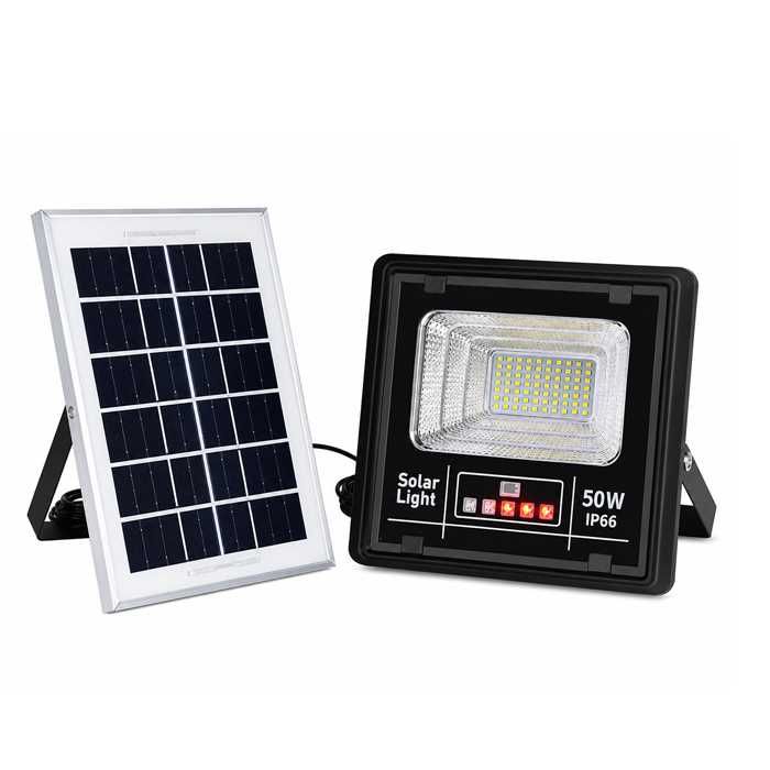 МОЩНИ Соларни LED прожектори 50W и 100W с отделен панел – IP66, без кабели и разход за ток