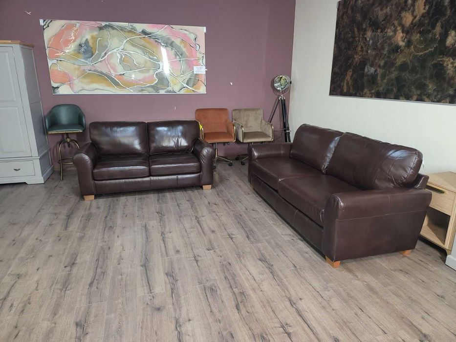 Кафяв кожен комплект дивани четворка и двойка с функция сън