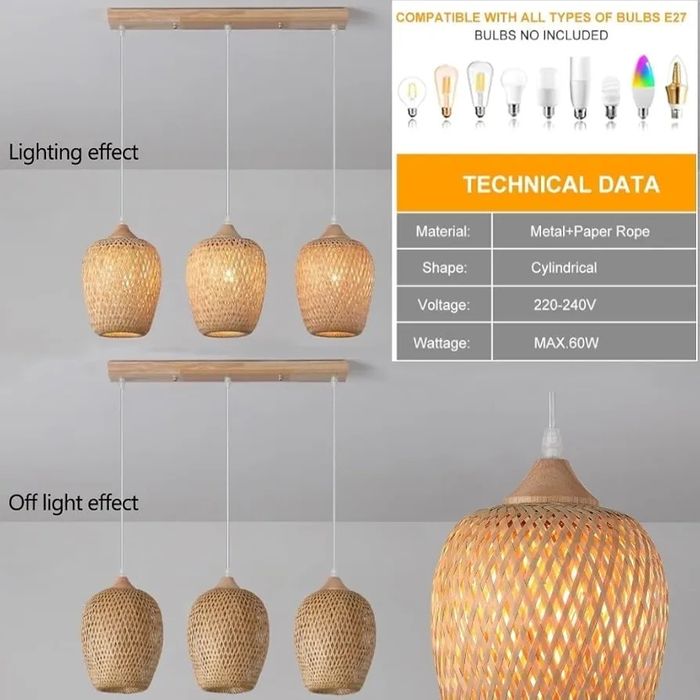 Бамбукова таванна лампа Висяща стил Бохо, Ратан Boho 3×E27
