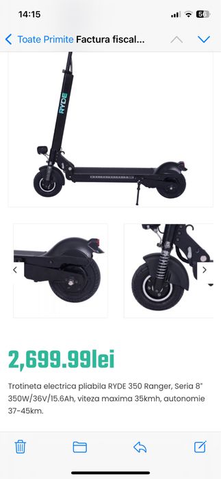 Trotinetă electrică RYDE 350 Ranger – 350W, 35 km/h