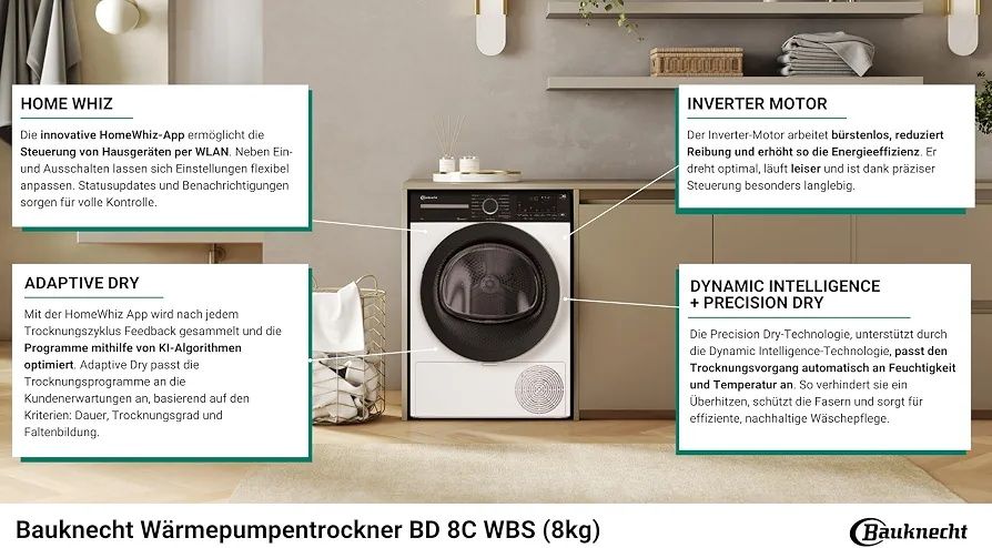 Нова инверторна сушилня с термопомпа Bauknecht BD 8C WBS / 8 кг Precision Dry - Интелигентно сушене