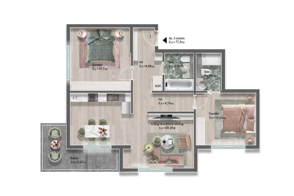 Direct dezvoltator: apartament 3 camere MRS Residence GRĂDINILE