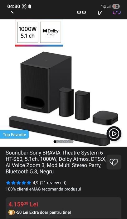 Sistem audio Sony BRAVIA dobly atmos 1000w putere totala