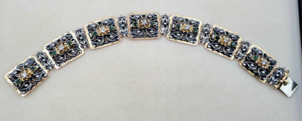 Piesa exceptionala! Bratara veche art nouveau aur 18 k, diamante si smaralde naturale