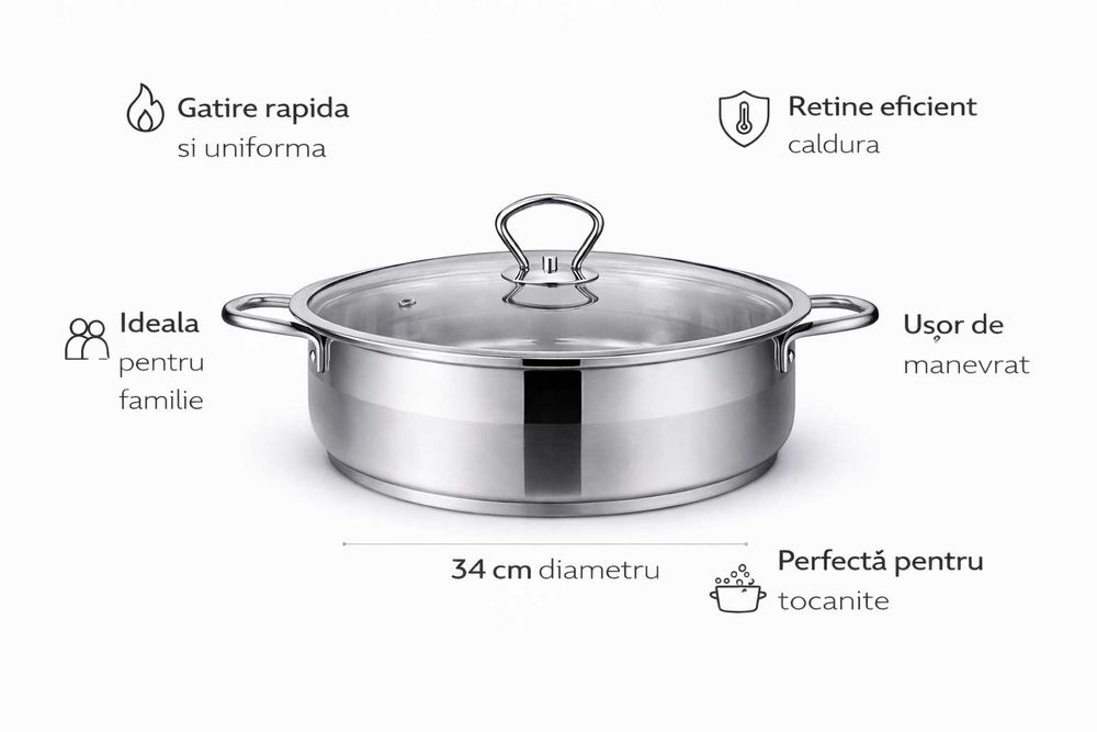 Cratita inox cu capac de sticla Royalty Line 34 x 13 cm