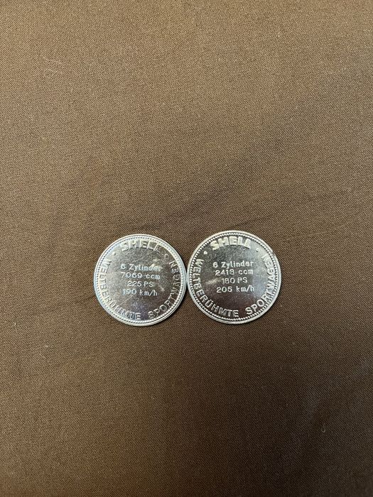 1928 Mercedes Benz SSK Vintage Shell Token, 1969 Fiat Dino Coupe Token