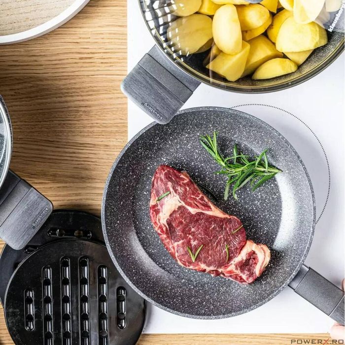 Set oale si tigai, 12 bucati, acoperit antiaderent, gri cu manere din