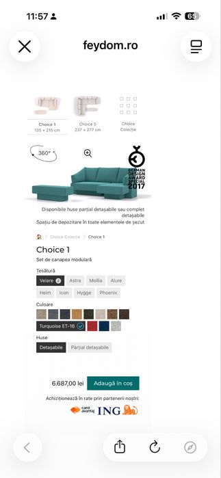 Canapea modulară Feydom Choice 1, culoare turcoaz, dimensiuni 135x215