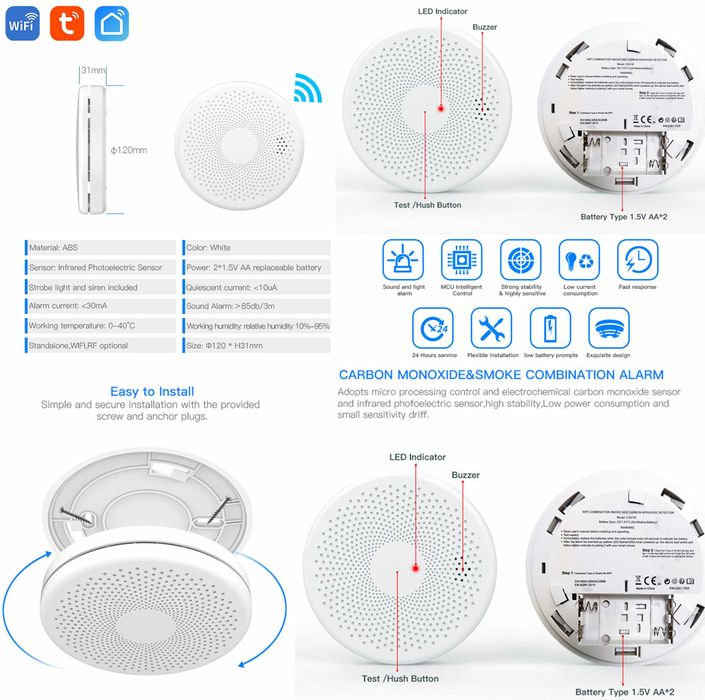 Detector Smart CO + fum tigara + alarma wifi pe telefon. Nou!