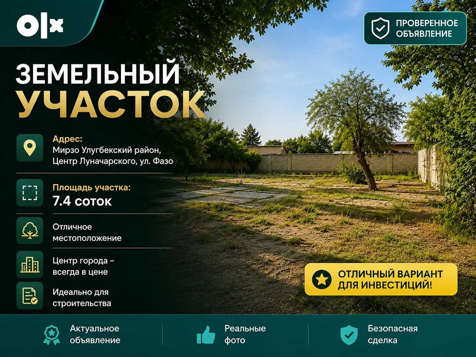 7,4 сотки | в Центре Луначарского ул. Фазо | Под строительство