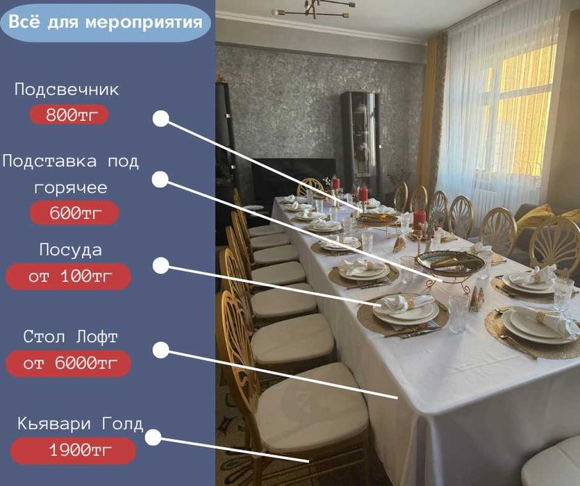 Аренда: мебель, посуда, текстиль, украшения. Доставка по всей Астане.