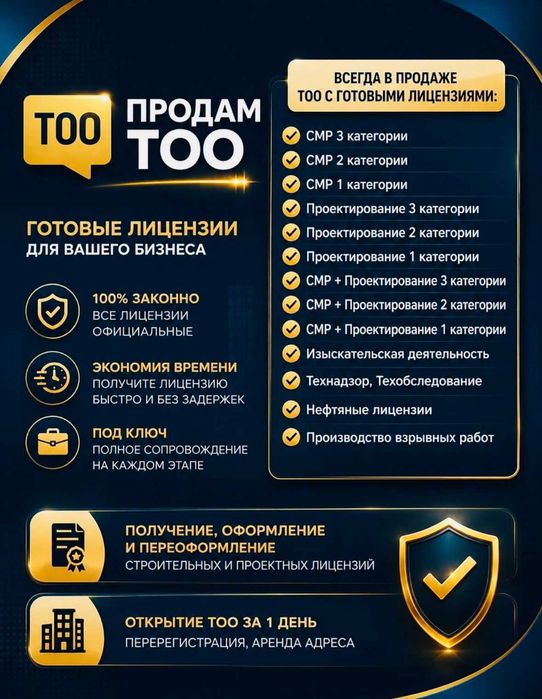 Продам ТОО 3, 2, 1 категория СМР, Проектная ПД,ПР,ПСД,ПИР и Изыскание
