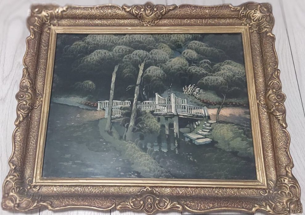 Tablou  Podul peste lac – pictură vintage pe catifea (anii 1950)