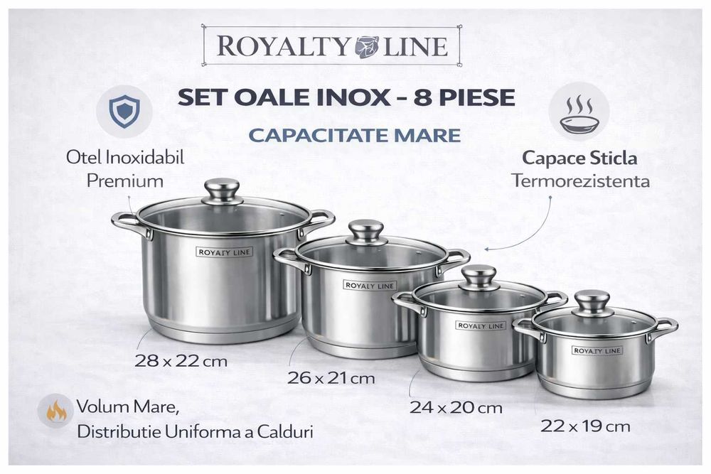 Set oale inox Royalty Line, 8 piese, capace din sticla