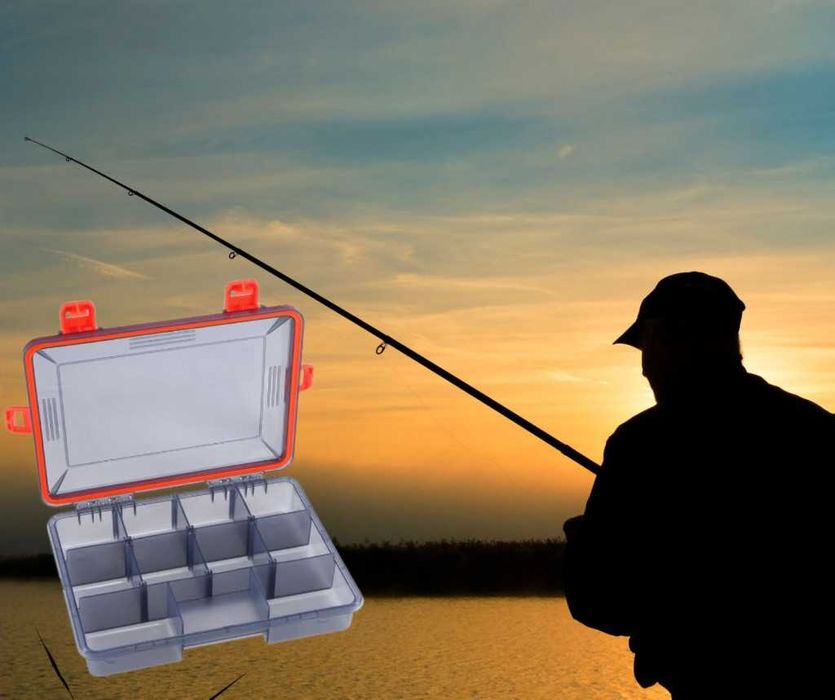 Сива кутия за рибарски принадлежности с оранжева закопчалка, m-k29