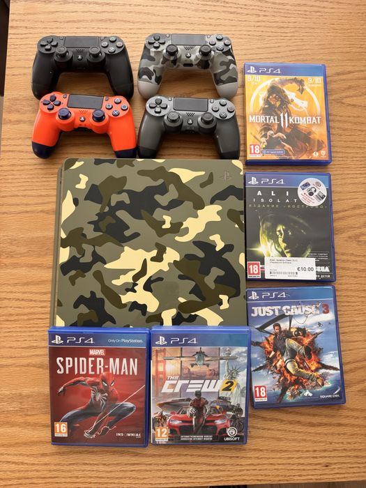 PS4 Slim 1TB + 4 контролера + 5 игри | Камуфлаж