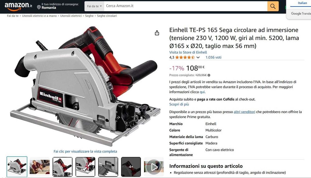 Fierastraul circular de mana Einhell TE-PS 165, 1200 W, 5200 RPM, 220V