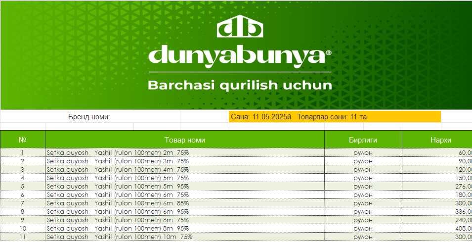Солнечная сетка quyosh setka yashil  (rulon 100metr) kv.m dostavka