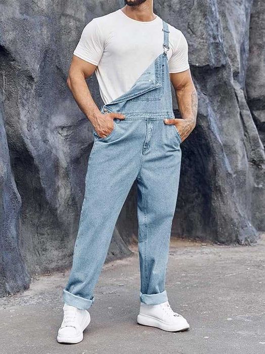 Salopeta barbati Runcati din denim, casual, reglabila