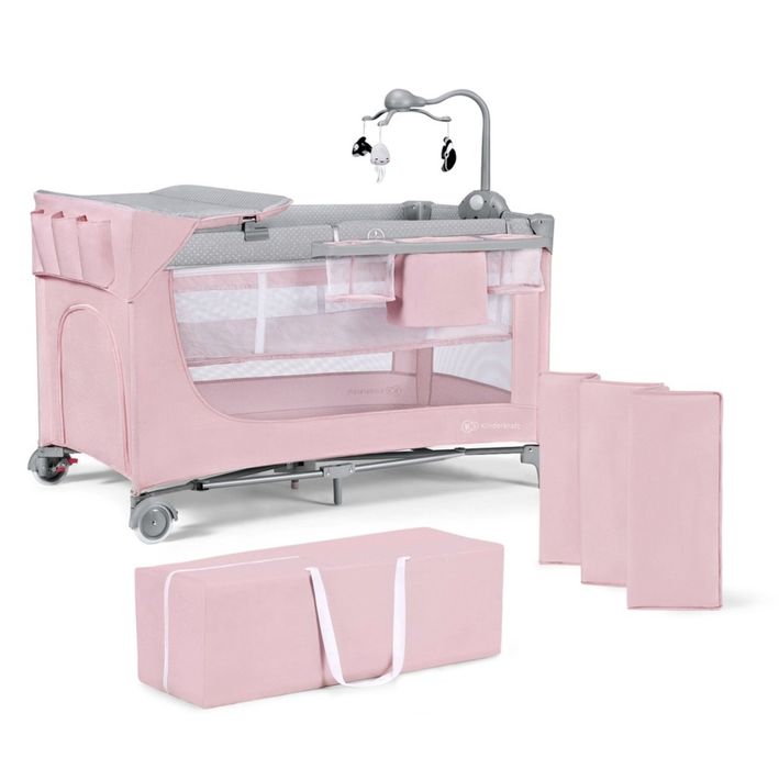 Patut de voiaj cu accesorii, KinderKraft, Leody, Otel/Poliester, 2 niveluri, Functie leagan, 126 x 65 x 76 cm, Roz/Gri