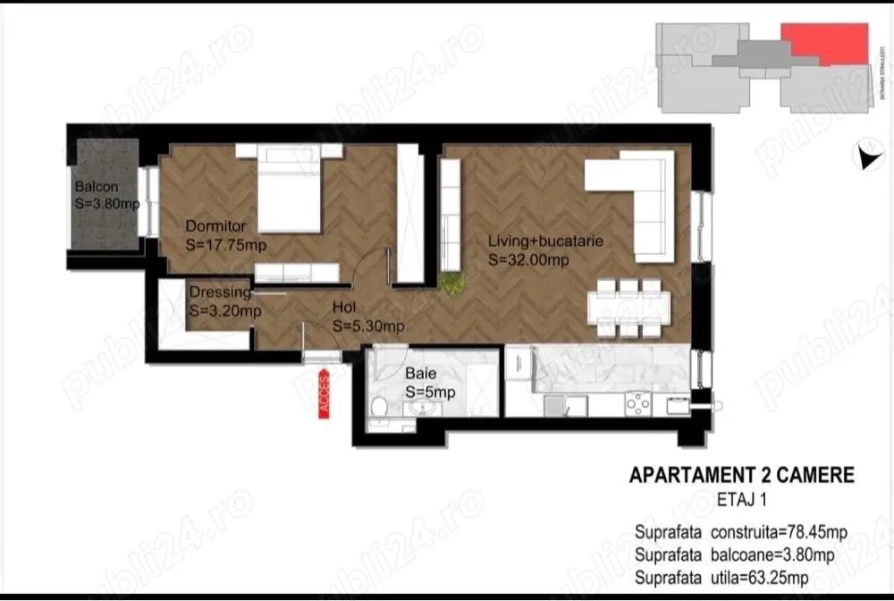 Apartament 2 camere – 66 mp, Straulesti, Imobil nou